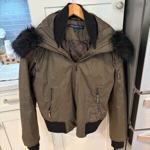 French Connection Quilted Bomber Jacket with Faux Fur Hood Size M